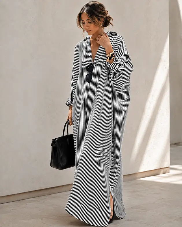 Down Loose Striped Cotton Maxi Shirt Dress