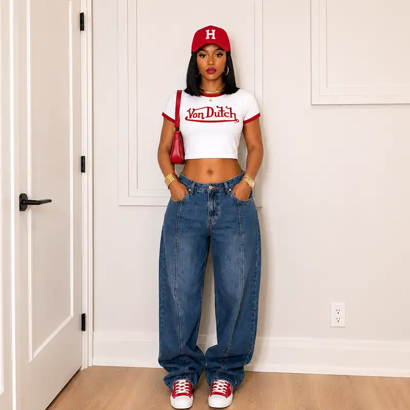Von Dutch Outfit Ideas: Red Sneakers, Cheetah Print & Oversized Denim