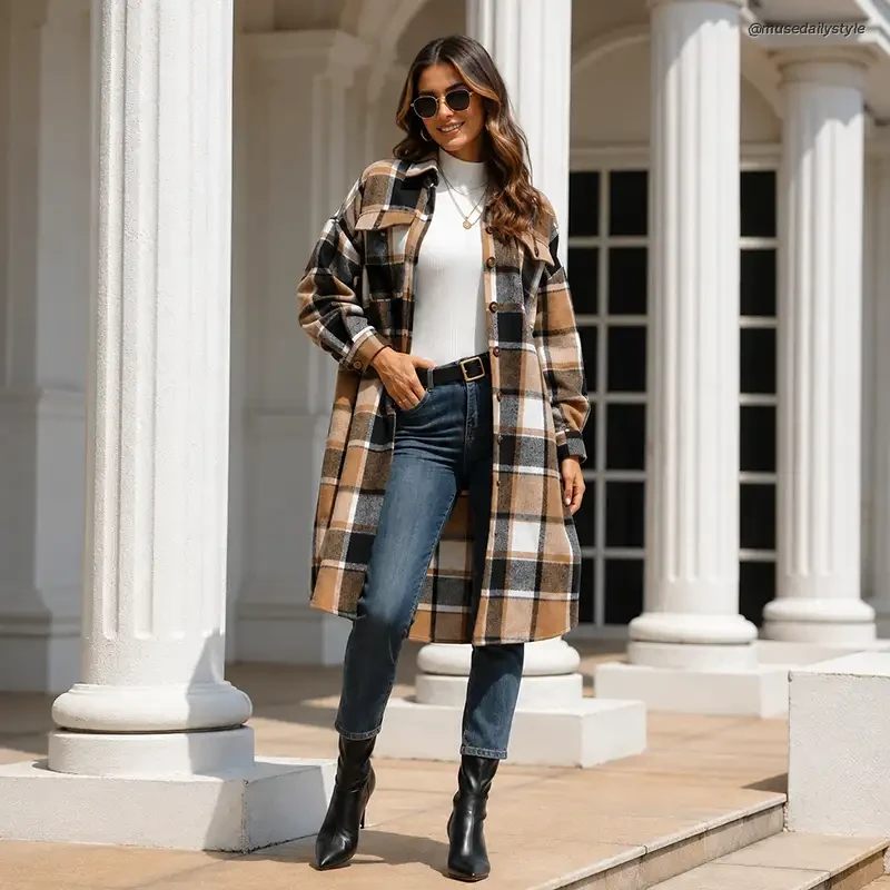 Woman in a long camel, black and white plaid shacket over a white turtleneck, dark jeans with a black belt and black pointed knee-high boots