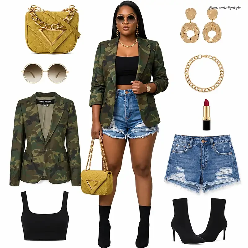 Camo blazer styled with a black crop top, distressed high-waisted denim shorts, black pointed sock boots, and a yellow quilted chain bag
