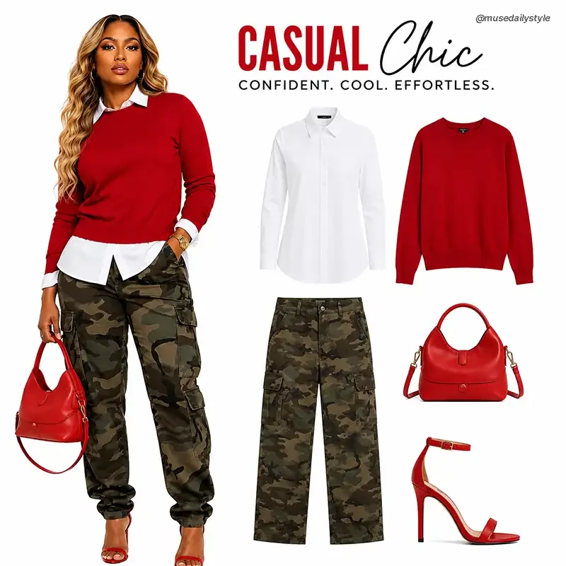 Red crew neck sweater layered over a white collared shirt with camo cargo pants, red hobo bag, and red strappy heels