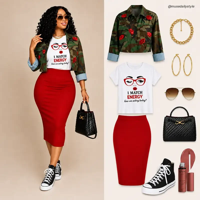 Cropped camo jacket with red lip print worn over a white graphic tee with a red midi pencil skirt, black high-top sneakers, and a black woven handbag