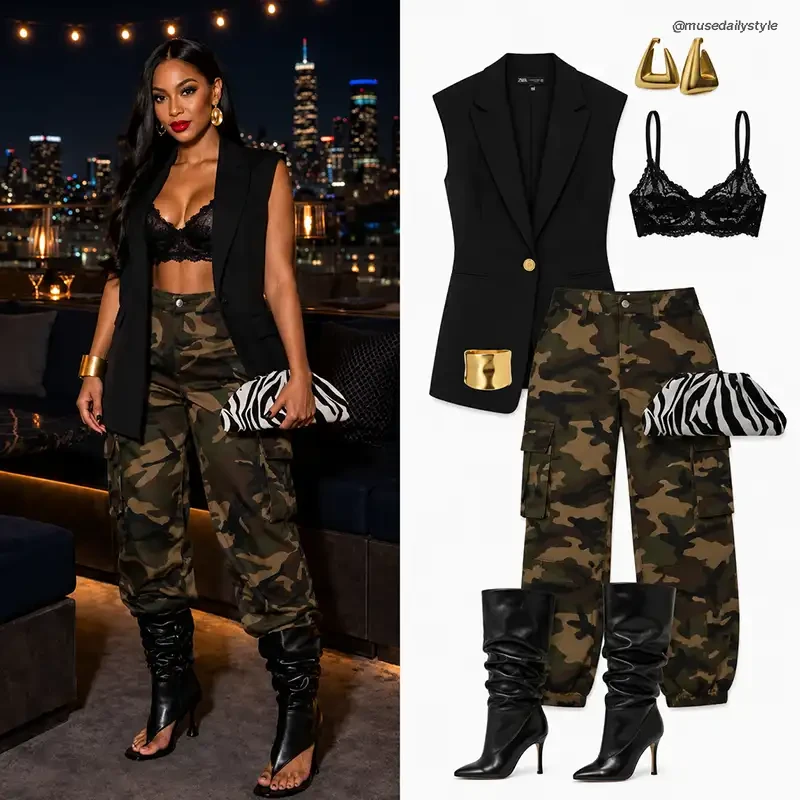 Black sleeveless tailored waistcoat over a black lace bralette with camo cargo pants, black scrunched leather heeled boots, and a zebra print clutch