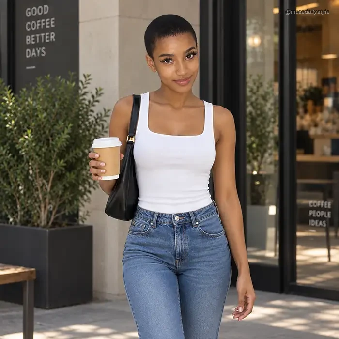 White square-neck ribbed tank worn with light wash jeans and a black bag