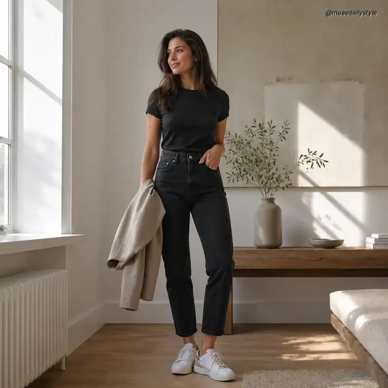 Realistic photo of a woman wearing one outfit combination from a capsule wardrobe — dark jeans, a simple top, and sneakers — with a jacket draped over one arm, standing in a bright room, natural daylight, editorial lifestyle photography, no text or logos.