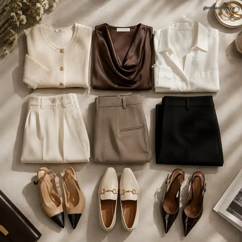 Capsule wardrobe flat lay showing the 3-3-3 rule — three tops, three bottoms and three pairs of shoes in a neutral palette