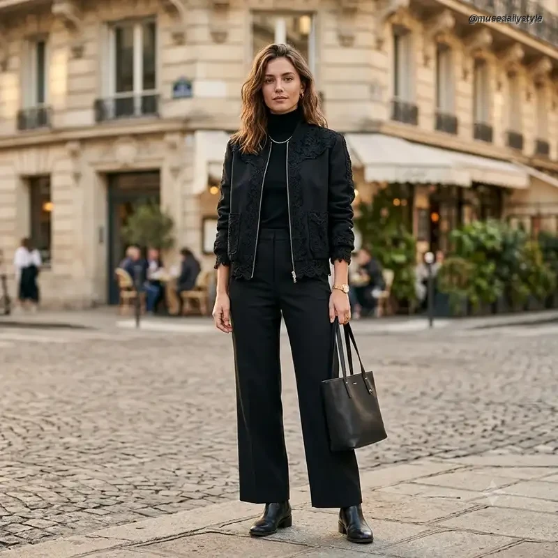 a woman wearing a lace-trimmed bomber jacket over a simple black outfit, standing outdoors