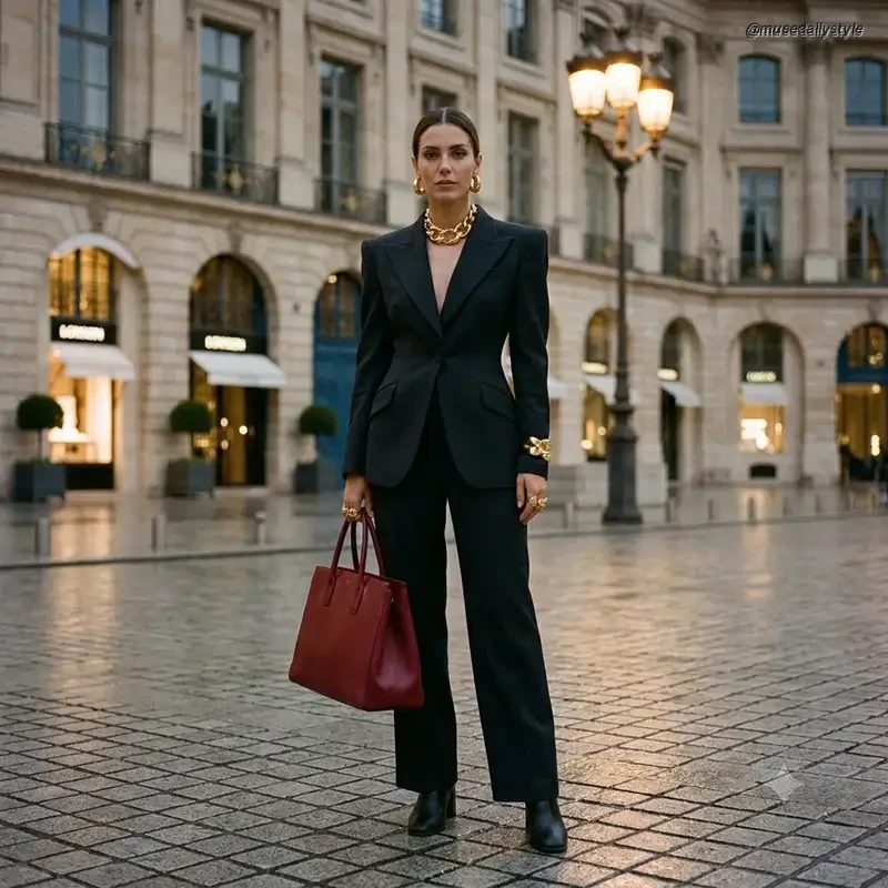 a woman wearing a bold tailored suit with sculpted shoulders and chunky gold jewelry, standing in a city setting, natural daylight,