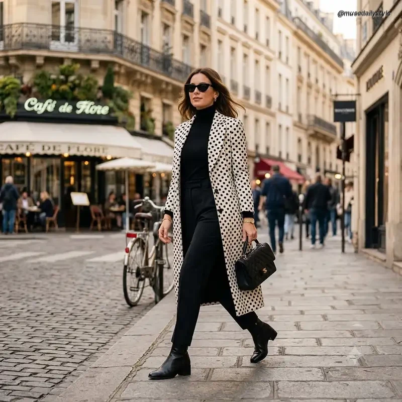 woman wearing a black-and-white polka dot coat over a plain black outfit, walking on a city street