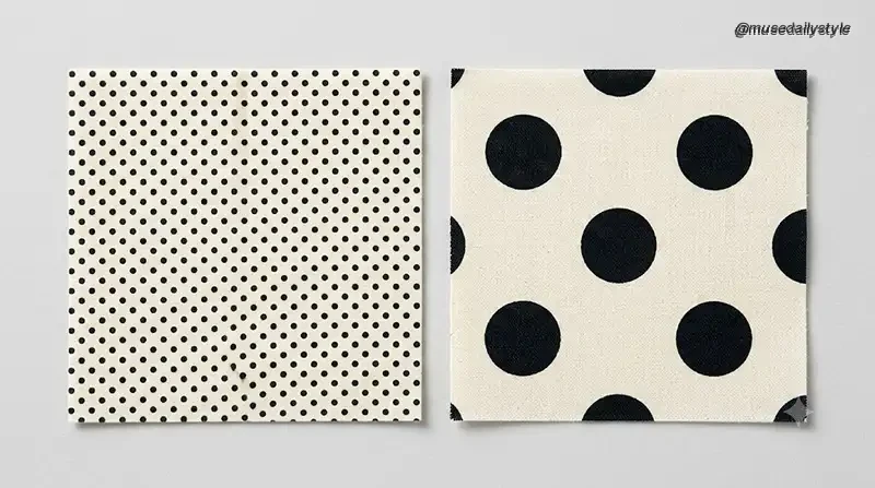 photo of two fabric swatches side by side โ one with small dense polka dots, one with large graphic polka dots