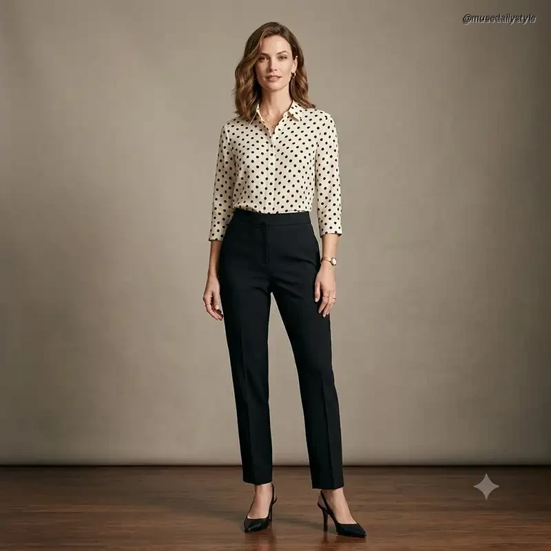 a woman wearing a cream and black polka dot blouse tucked into black tailored trousers,
