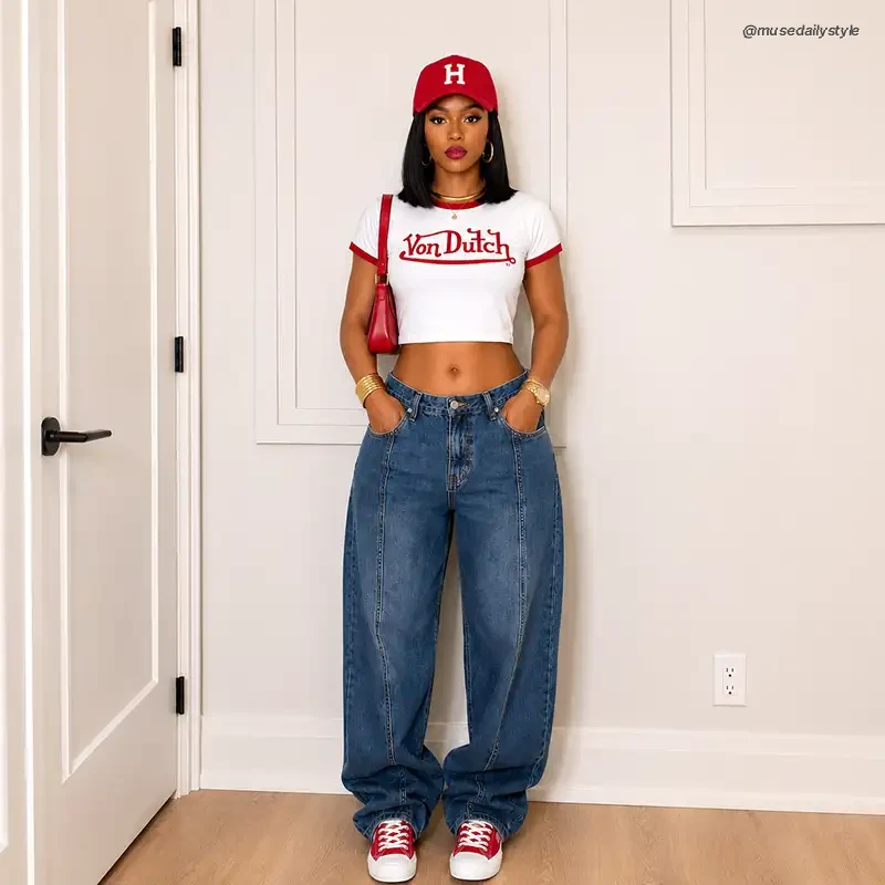 Woman wearing a white and red Von Dutch crop tee with oversized denim jeans and red sneakers